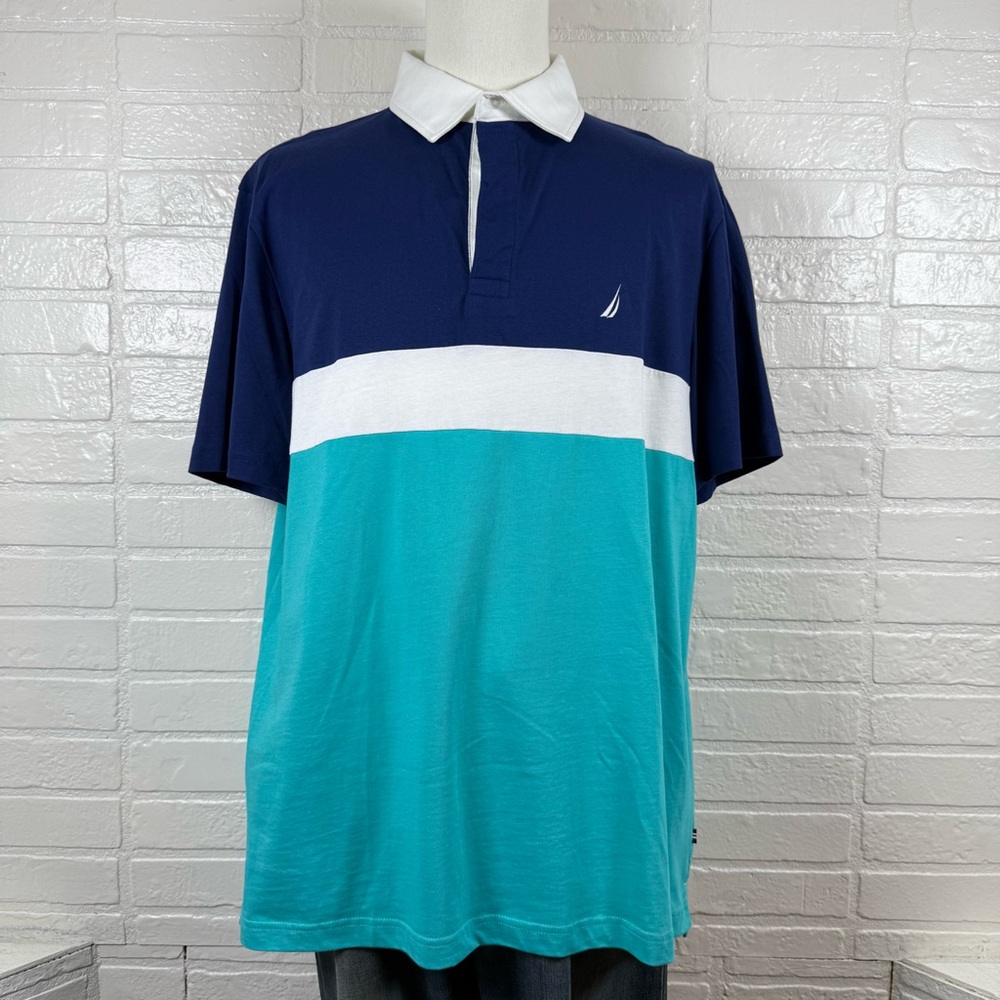 Nautica Polo Mens XL Navy Teal Colorblock Classic Fit Golf Shirt Summer Vacation